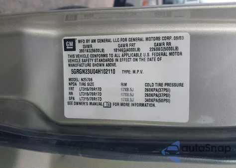 2004 Hummer H2 z USA, uszkodzony, nr VIN 5GRGN23U04H102110